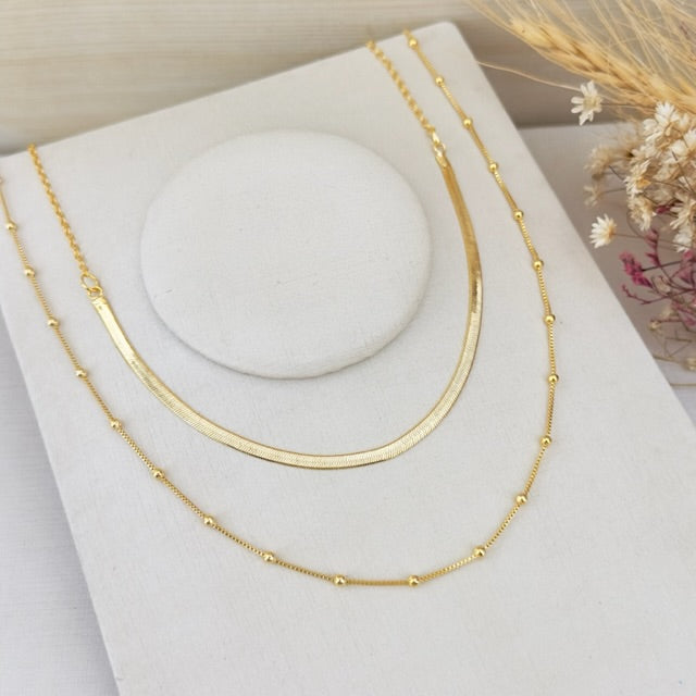 Colar Duplo Corrente Bolinha e Fita Dourado