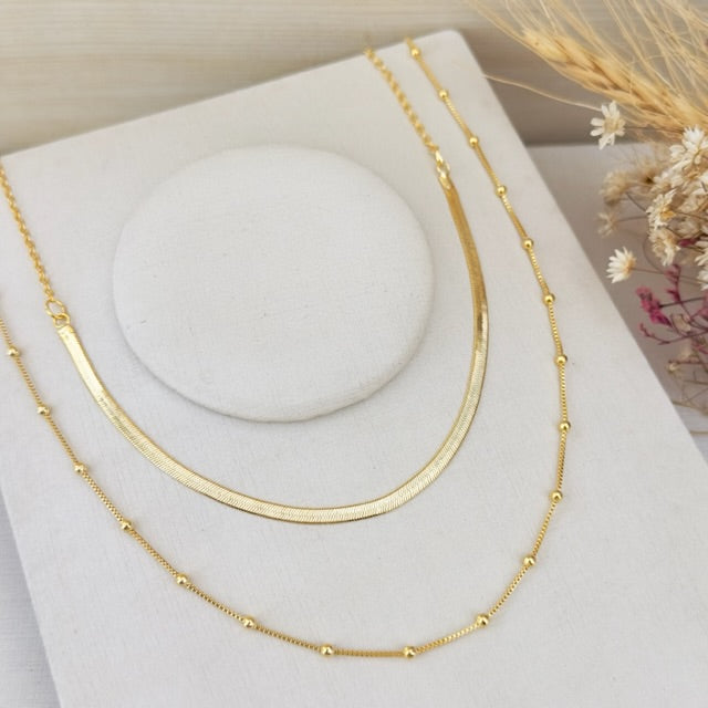 Colar Duplo Corrente Bolinha e Fita Dourado