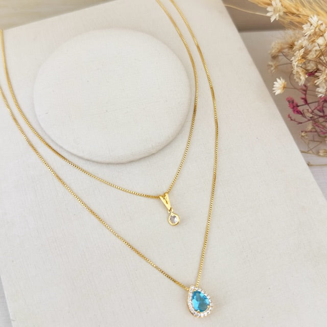 Colar Duplo de Gota Azul Serenity Cravejado com Zircônia Dourado