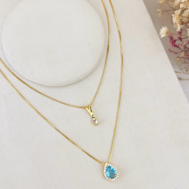 Colar Duplo de Gota Azul Serenity Cravejado com Zircônia Dourado