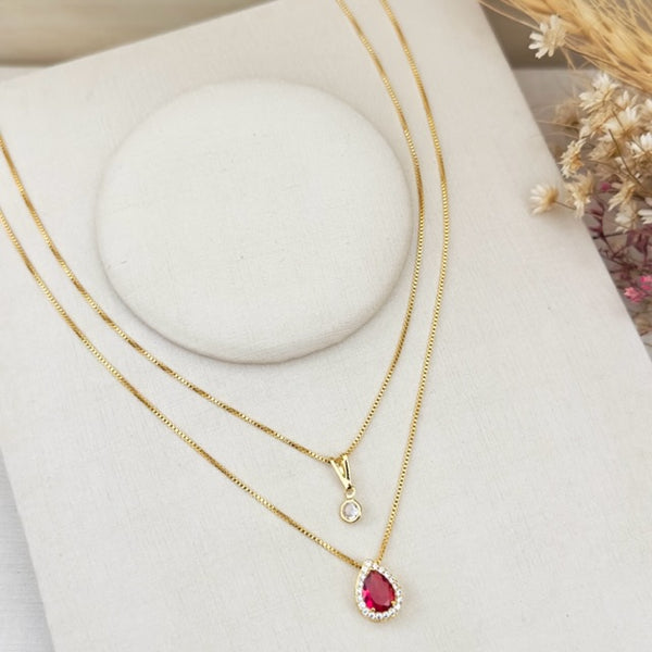 Colar Duplo de Gota Rosa Fúcsia Cravejado com Zircônia Dourado