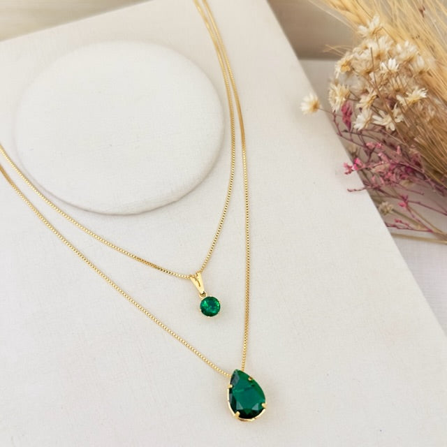 Colar Duplo de Zircônia Esmeralda Dourado
