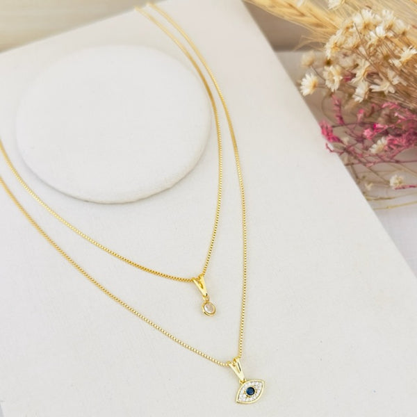 Colar Duplo Olho Grego de Zircônia Dourado