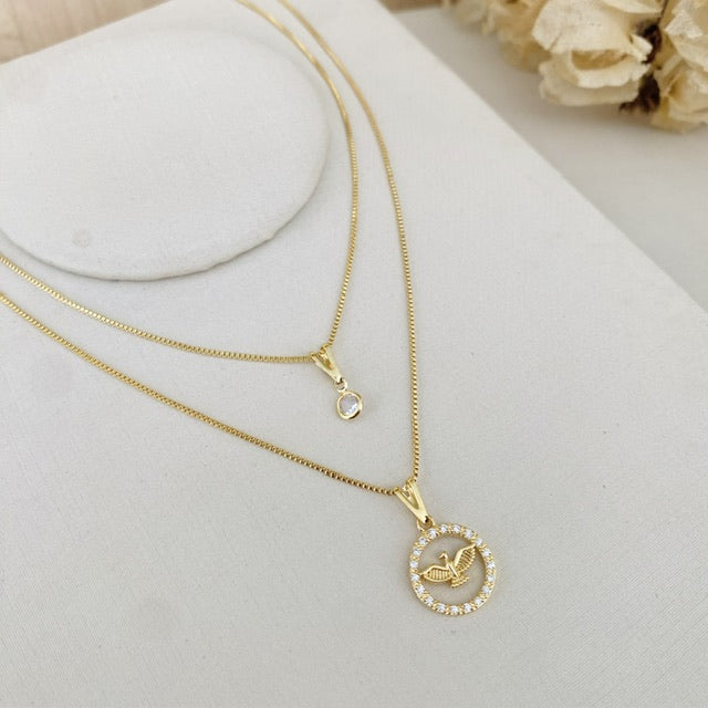 Colar Duplo Ponto de Luz Medalha Espírito Santo Dourado