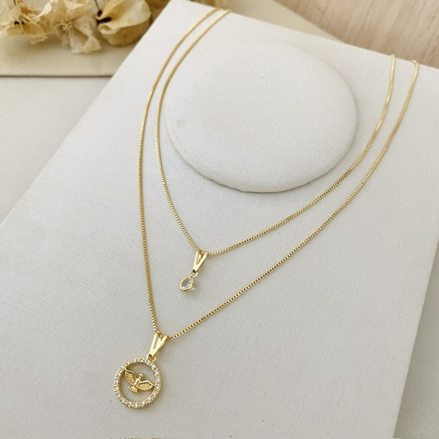 Colar Duplo Ponto de Luz Medalha Espírito Santo Dourado