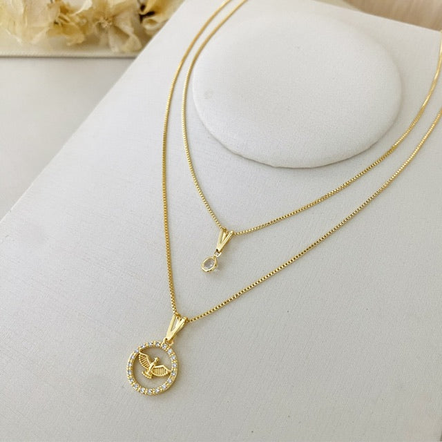 Colar Duplo Ponto de Luz Medalha Espírito Santo Dourado