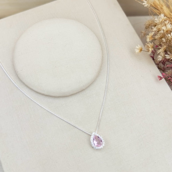 Colar Gota Rosa Cravejada com Zircônia Prata