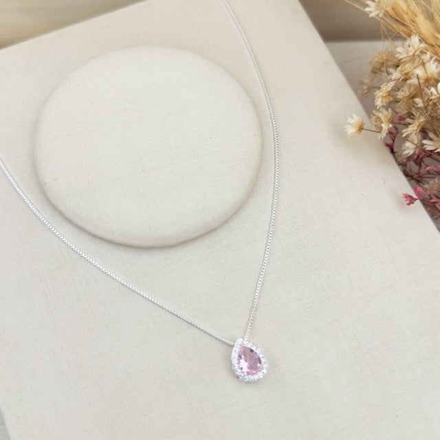 Colar Gota Rosa Cravejada com Zircônia Prata