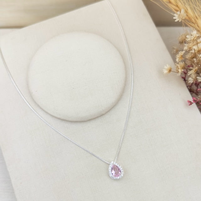 Colar Gota Rosa Cravejada com Zircônia Prata
