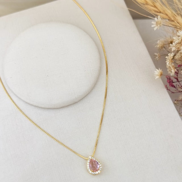 Colar Gota Rosa Cravejado com Zircônia Dourado