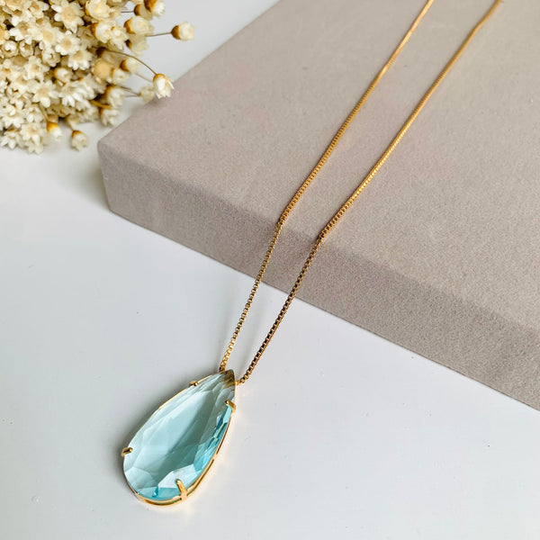 Colar Gota Palito de Zircônia Cor.:Azul claro;Banho:Dourado