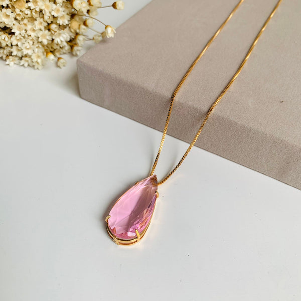 Colar Gota Palito de Zircônia Cor.:Rosa;Banho:Dourado