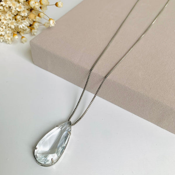 Colar Gota Palito de Zircônia Cor.:Cristal;Banho:Prata