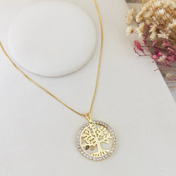 Colar Árvore da Vida com Zircônia Dourado
