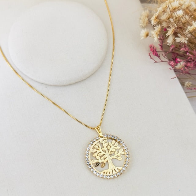 Colar Árvore da Vida com Zircônia Dourado