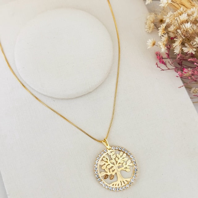 Colar Árvore da Vida com Zircônia Dourado