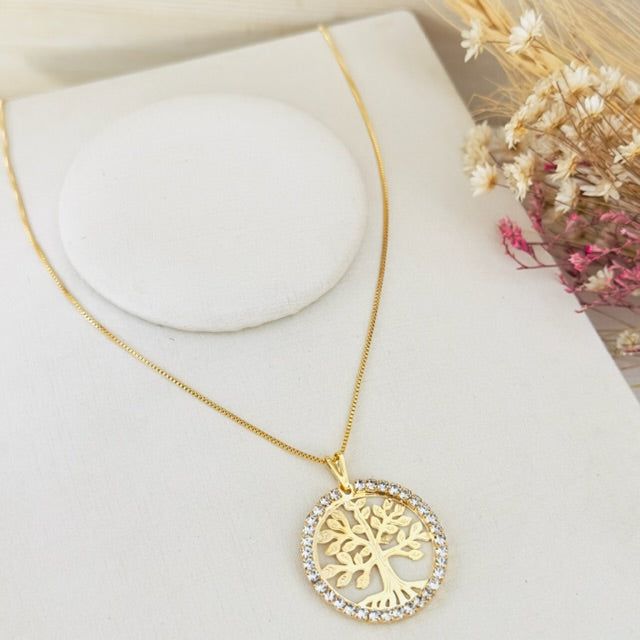 Colar Árvore da Vida com Zircônia Dourado