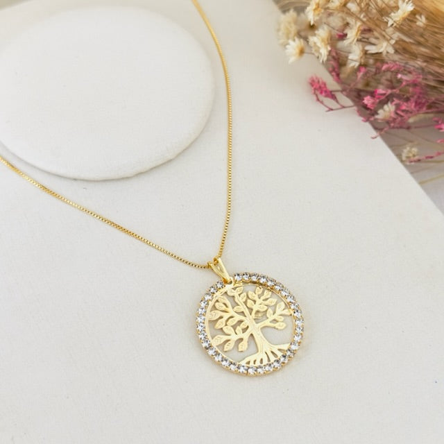 Colar Árvore da Vida com Zircônia Dourado