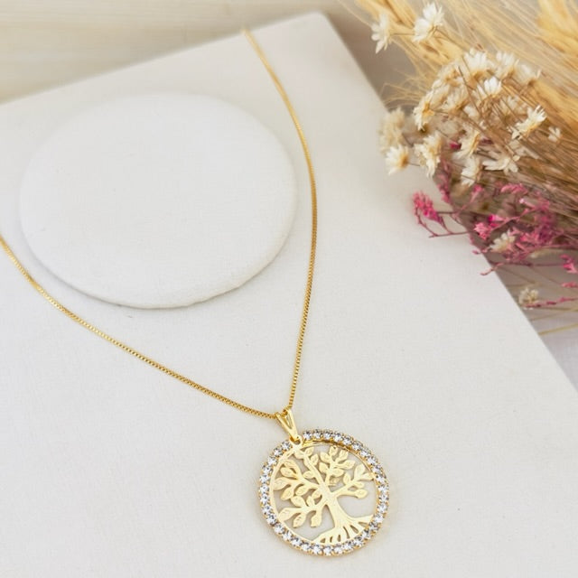 Colar Árvore da Vida com Zircônia Dourado