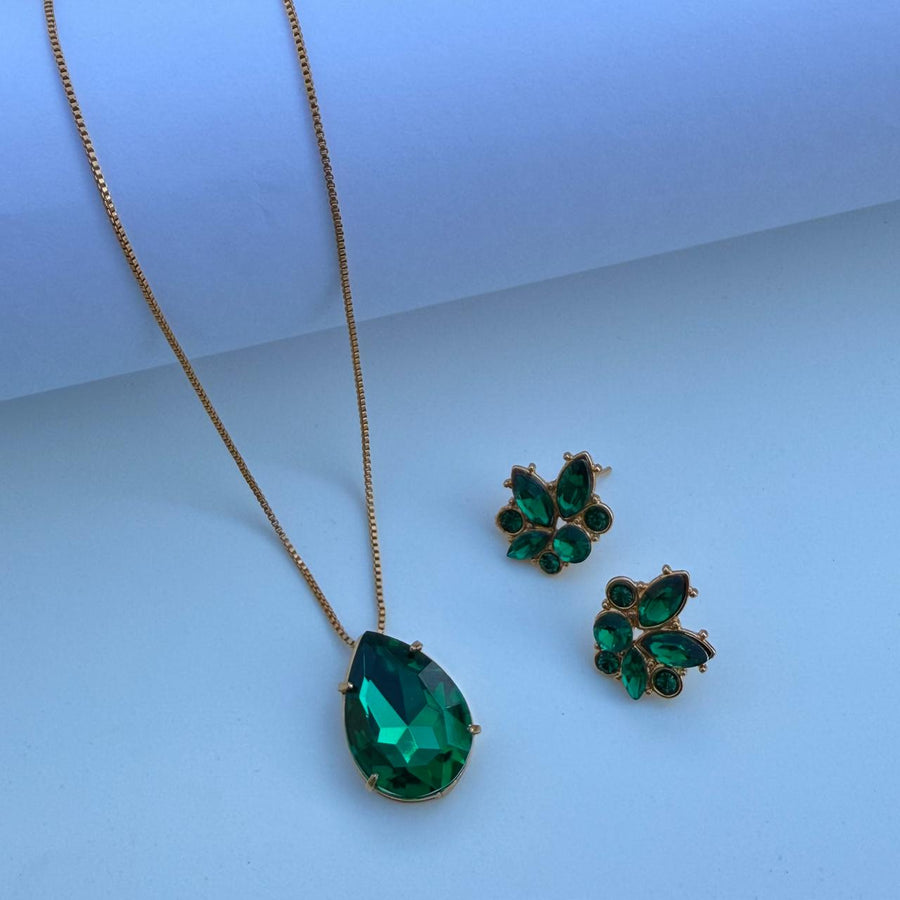 Conjunto Colar de Gota e Brinco Esmeralda