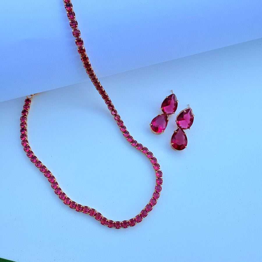 Conjunto de Chocker de Zircônia e Brinco de Gota Duplo Pink
