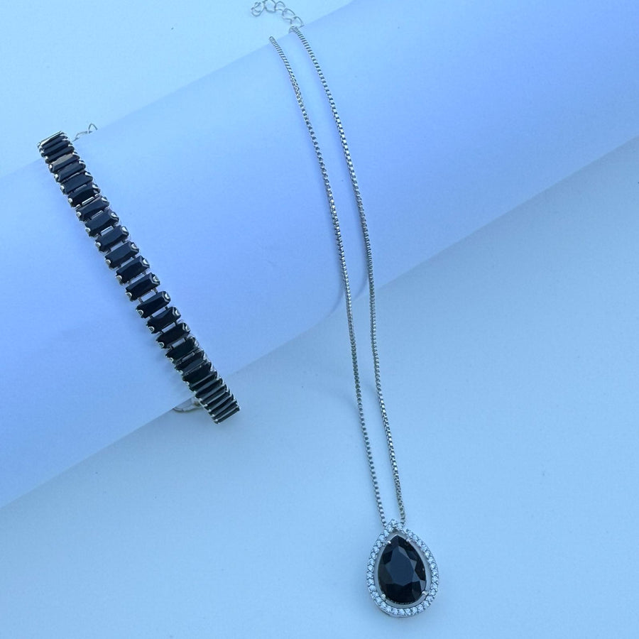 Conjunto de Colar de Gota com Zircônia e Pulseiras Rafas Preta