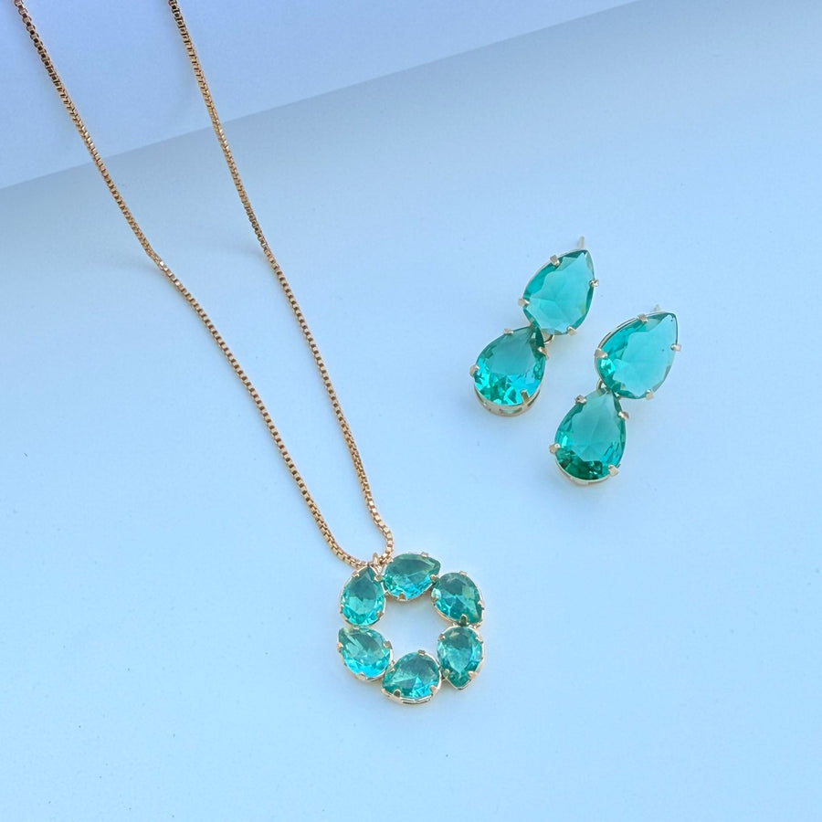 Conjunto de Colar de Zircônia e Brinco de Gota Duplo Esmeralda