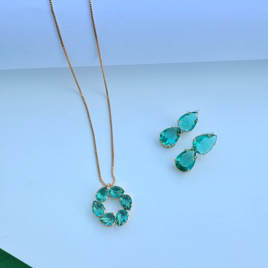 Conjunto de Colar de Zircônia e Brinco de Gota Duplo Esmeralda