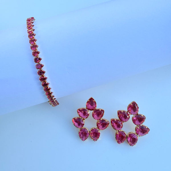 Conjunto de Pulseira e Brinco de Zircônia Pink