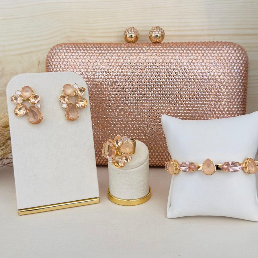 Kit 4 Peças Clutch, Brinco, Bracelete e Anel Regulável Bronx de Zircônia Nude Dourado