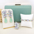 Kit 4 Peças Clutch Brilhosa, Brinco, Anel e Bracelete Londres Lilás com Menta Banho Dourado