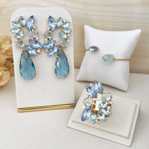 Kit 3 Acessórios Amanda Tons de Azul Dourado - Brinco, Bracelete e Anel Regulável