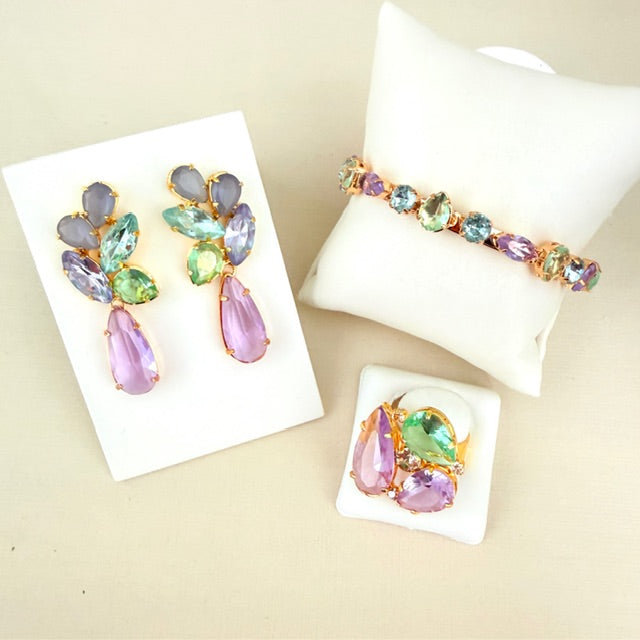 Kit 3 Acessórios Bianca Lavanda com Menta Dourado - Brinco, Bracelete e Anel Regulável