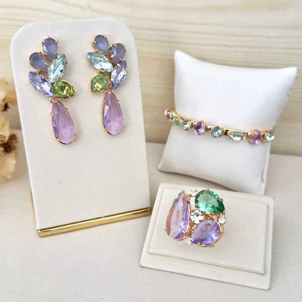Kit 3 Acessórios Bianca Lavanda com Menta Dourado - Brinco, Bracelete e Anel Regulável