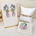 Kit 3 Acessórios Bianca Lavanda com Menta Dourado - Brinco, Bracelete e Anel Regulável