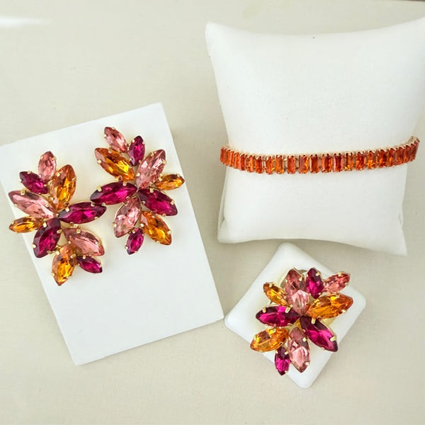Kit 3 Acessórios Turim Brinco, Anel Regulável e Pulseira Coral com Rosa