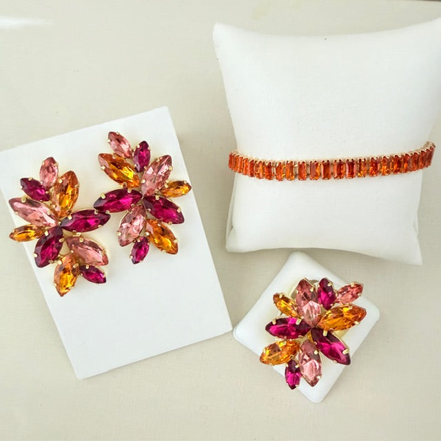 Kit 3 Acessórios Turim Brinco, Anel Regulável e Pulseira Coral com Rosa