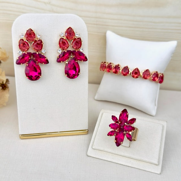 Kit 3 Peças Anel Regulável, Bracelete e Brinco Kelly Fucsia com Pink Dourado
