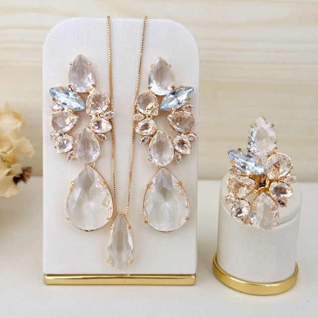 Kit 3 Peças Brinco, Colar e Anel Regulável Jorgina Cristal Dourado