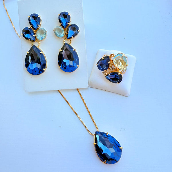 Kit Brinco Colar e Anel Regulavel Campos Safira Com Azul