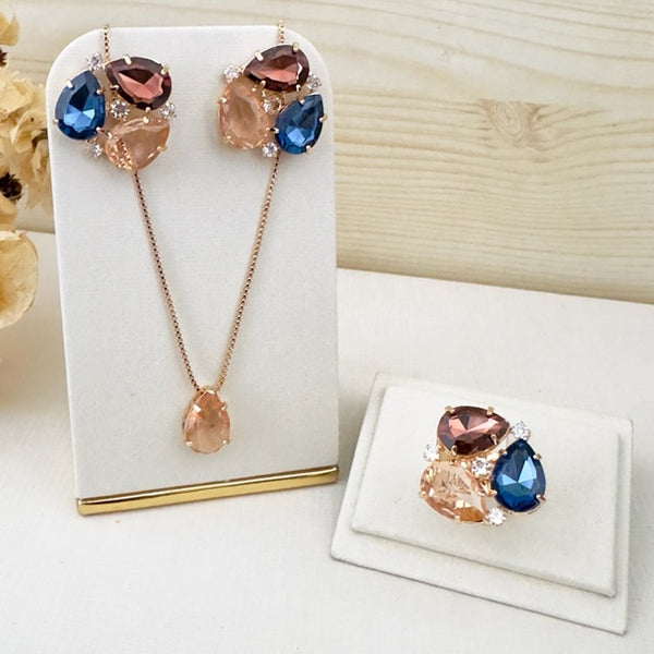 Kit 3 peças Colar, Brinco e Anel Regulável Luciana Tons de Inverno Dourado