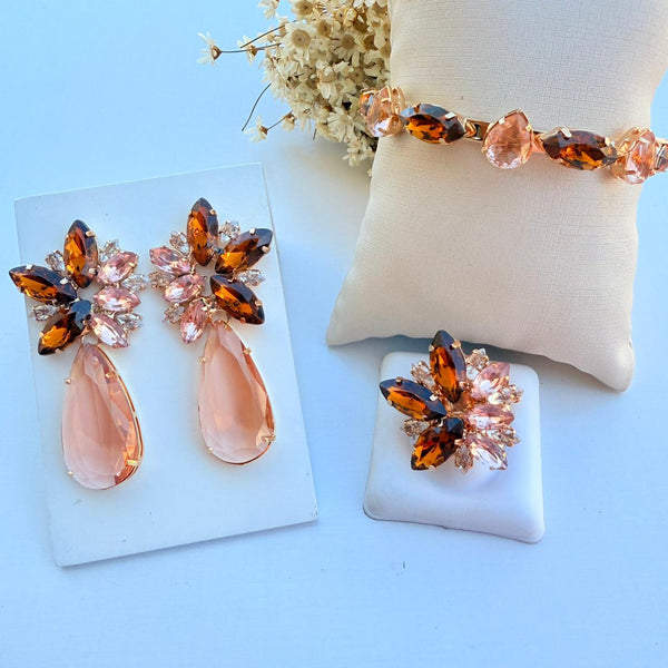 Kit 3 Peças Brinco, Bracelete e Anel Regulável Vanessa Tons De Marrom Dourado