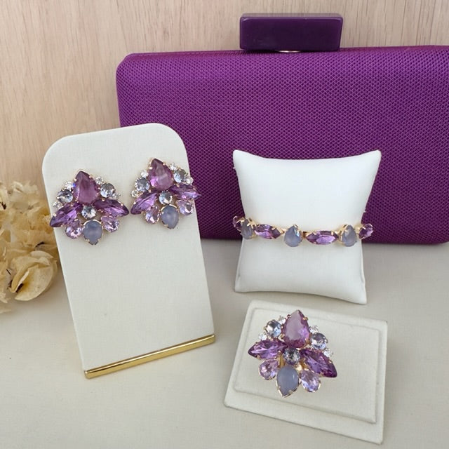 Kit 4 peças Clutch, Bracelete, Brinco e Anel Regulável Manhattan Tons de Roxo Dourado