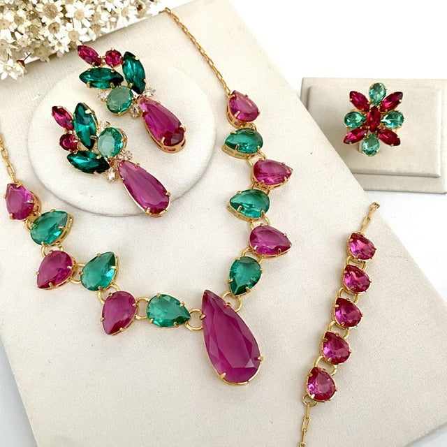 Kit 4 Peças Rosa Pink com Verde Bia Anel ajustável