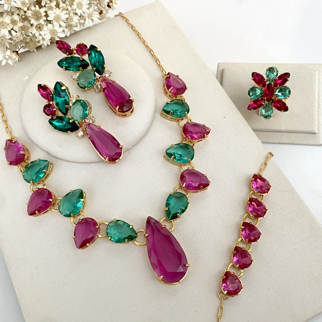 Kit 4 Peças Rosa Pink com Verde Bia Anel ajustável
