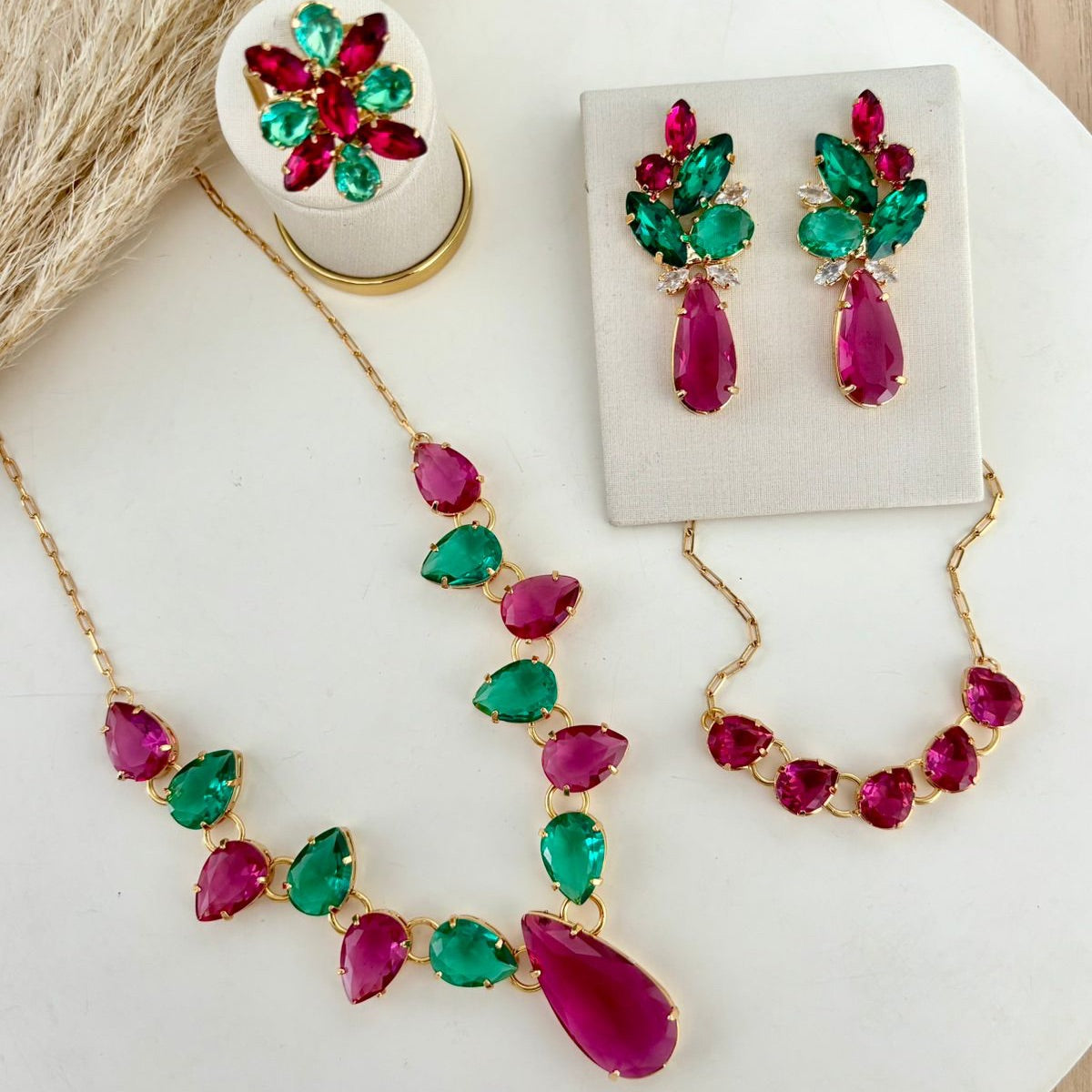 Kit 4 Peças Rosa Pink com Verde Bia Anel ajustável