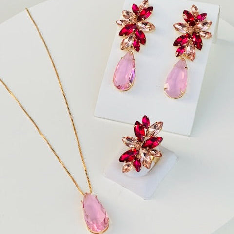 Kit Anel + Brinco e Colar Londres Rosa com Pink