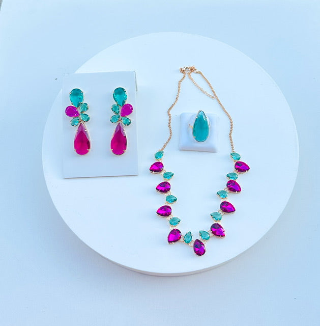 Kit Anel+ Brinco e Colar Rosa com Pink Banho de Ouro