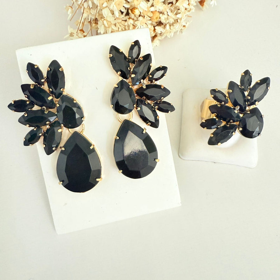 Kit Anel Regulavel Com Brinco Castel Preto Dourado
