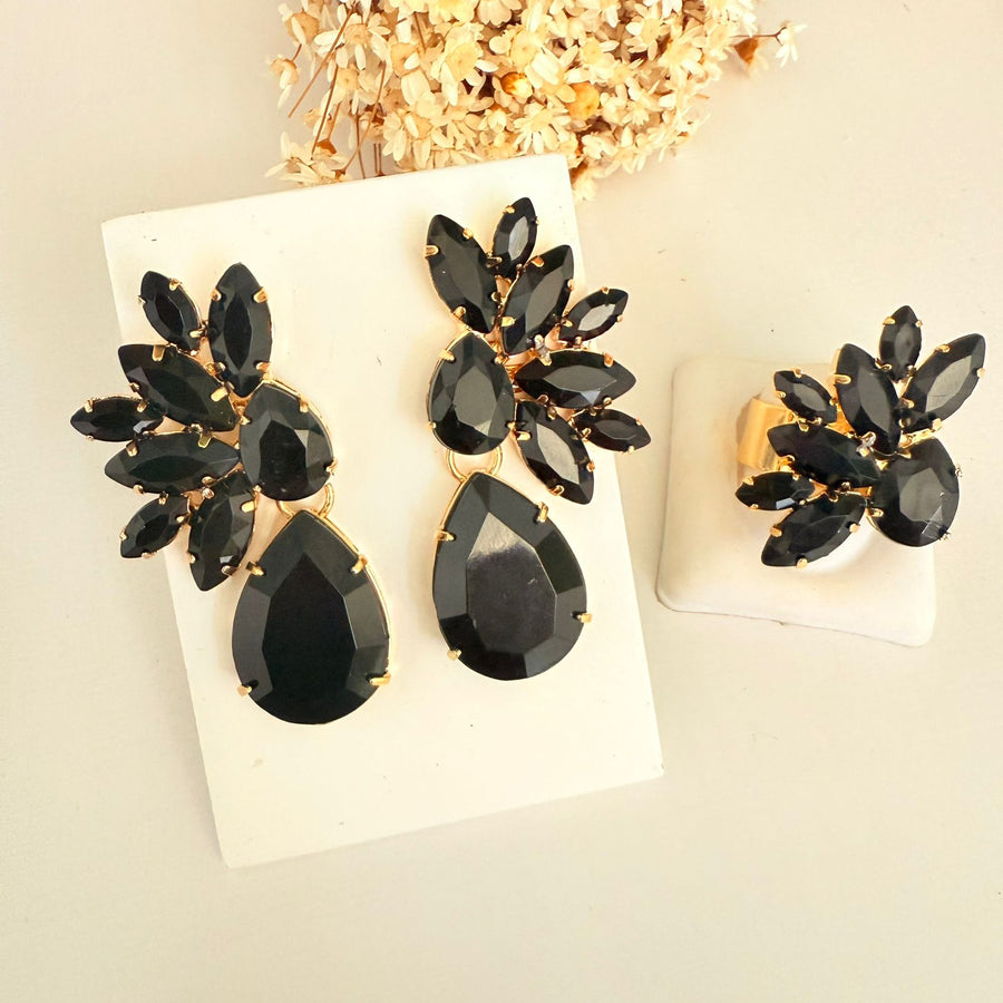 Kit Anel Regulavel Com Brinco Castel Preto Dourado